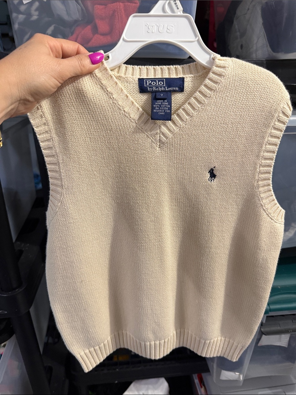 Polo by Ralph Lauren Cream V-Neck Kids Sweater Vest with Navy Pony Size 7